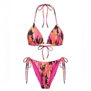 Triangle Tie-Side Bikini Set in Pink & Orange Abstract Print